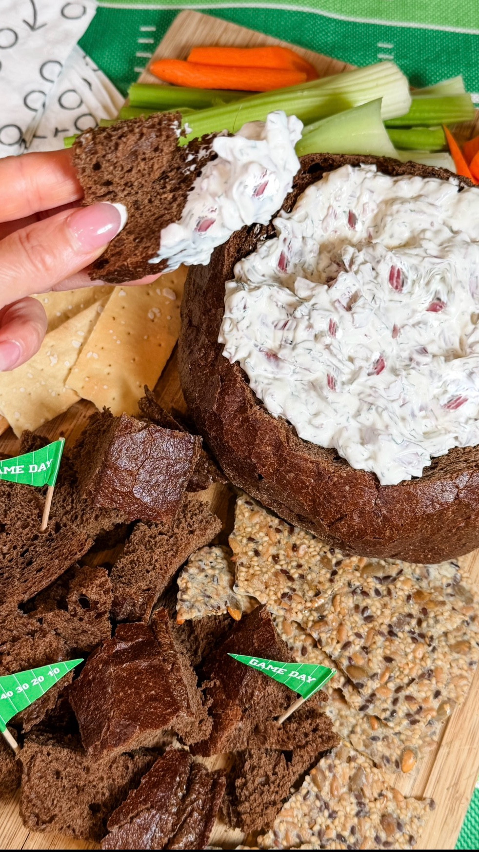 Beef Dill Dip — creamy, herby, and perfect for game day and family get-togethers.

Recipe:
• 16 oz sour cream
• 16 oz mayonnaise
• 3 tbsp dried dill
• 6 tbsp dried minced onions (or fresh)
• 1½ - 2lb dried beef, finely chopped
• 1 large pumpernickel loaf

Mix sour cream, mayo, dill, and onions with the beef in a large bowl.
Refrigerate overnight — do not skip this step. It thickens up, the flavors come together, and it’s absolutely delicious.

Cut the center out of the pumpernickel loaf, pour in the dip, and watch it disappear. Crackers and fresh veggies work perfectly too. 🥖🥕✨

#LTKHome #LTKfoodie #LTKFindsUnder50