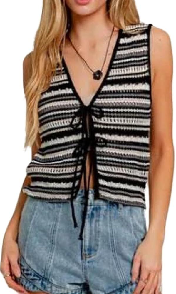 Women Y2k Tie Front Crochet Vest Boho Vintage Going Out Top Aesthetic Knit Sweater Tank Vacation ... | Amazon (US)