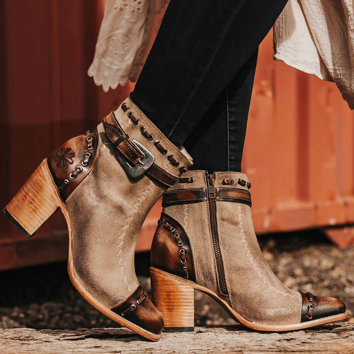 POPPY Women's Exclusive Suede Heeled Bootie Beige | Freebird Stores | Shop Women's Beige Heeled S... | Freebird