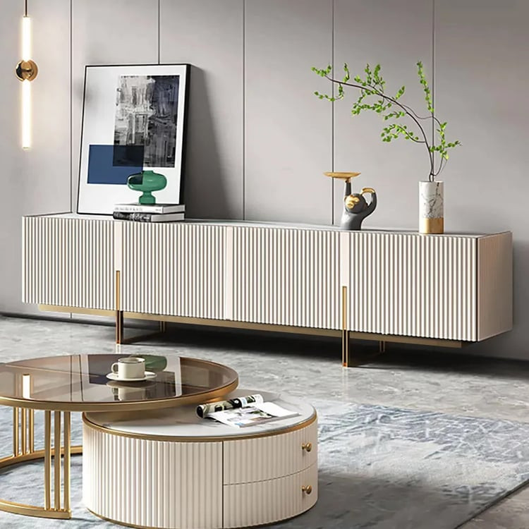 Grovyn 86.6" TV Stand & Round Glass Nesting Coffee Table Set | Homary