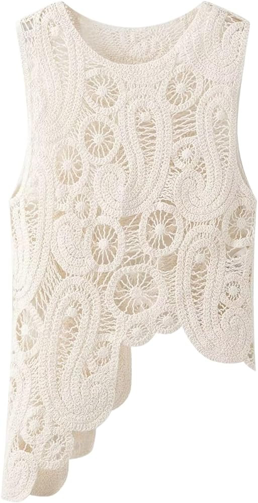 Women Asymmetric Sweater Vest Casual Female O-Neck Sleeveless Knitted Hollow Out Sweet Tank Tops | Amazon (US)