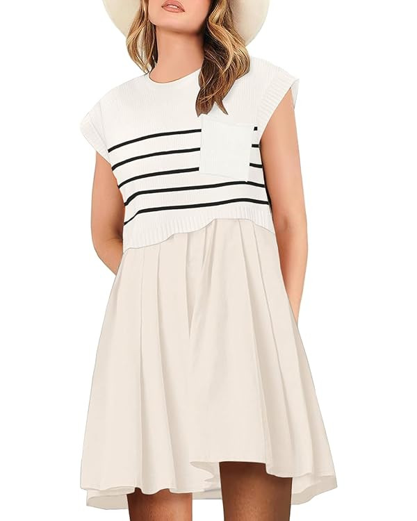 Womens Dresses Striped Knit Top Pleated Loose Swing Mini Short Sleeve Dress 2024 Trendy | Amazon (US)