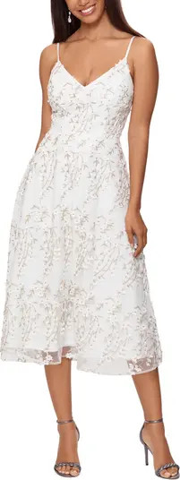 Xscape Metallic Floral Lace V-Neck Cocktail Midi Dress | Nordstrom | Nordstrom