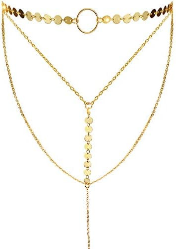 Suyi Stylish Layered Sequins Choker Necklace with Thin Long Chian Pendant for Women Lady | Amazon (US)