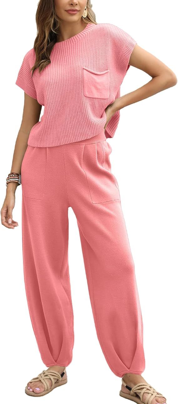 Ugerlov Women's Two Piece Outfits Sweater Sets Knit Pullover Tops and High Waisted Pants Lounge S... | Amazon (US)