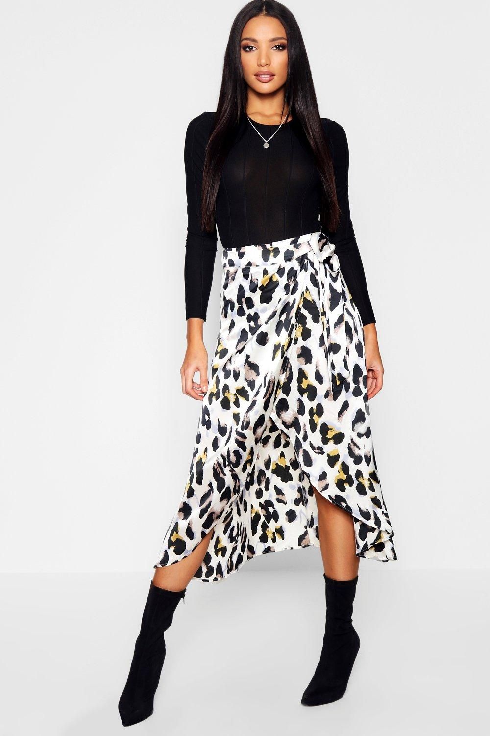 Womens Leopard Print Satin Wrap Midaxi Skirt - Grey - 8 | Boohoo.com (US & CA)