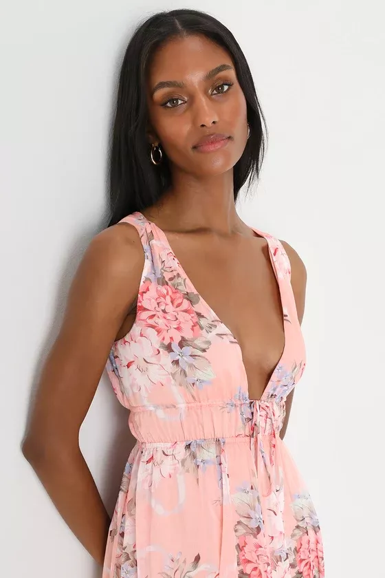 Romantic Marvel Pink Floral Print Halter Neck Maxi Dress