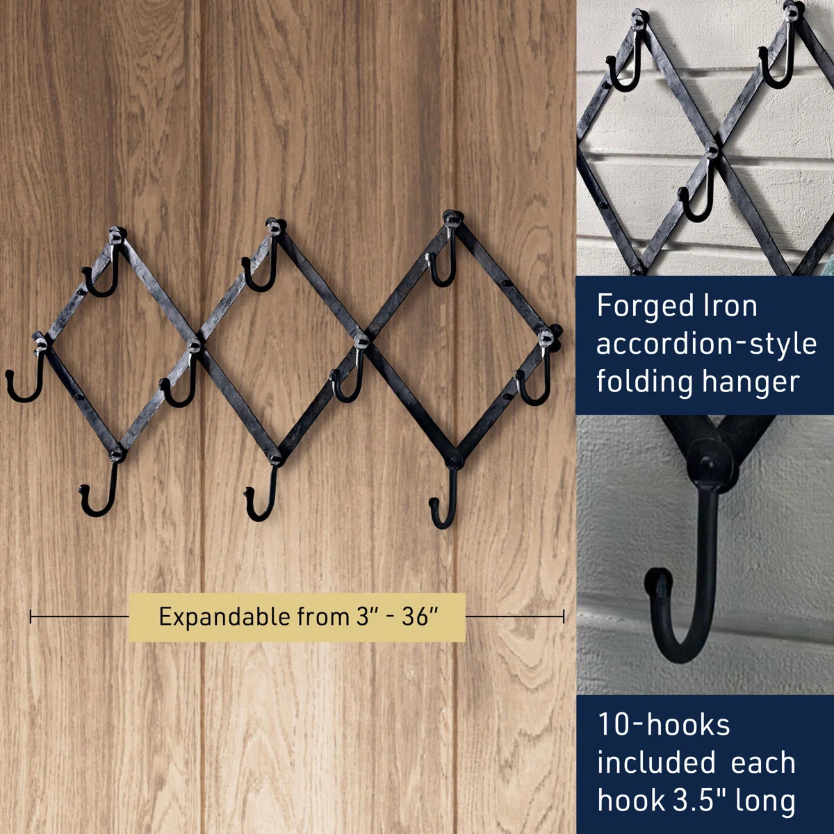 Kings County Tools Accordion Wall Hanger - Forged Iron Hat Rack with 10 Hooks for Hats, Coats, an... | Wayfair North America