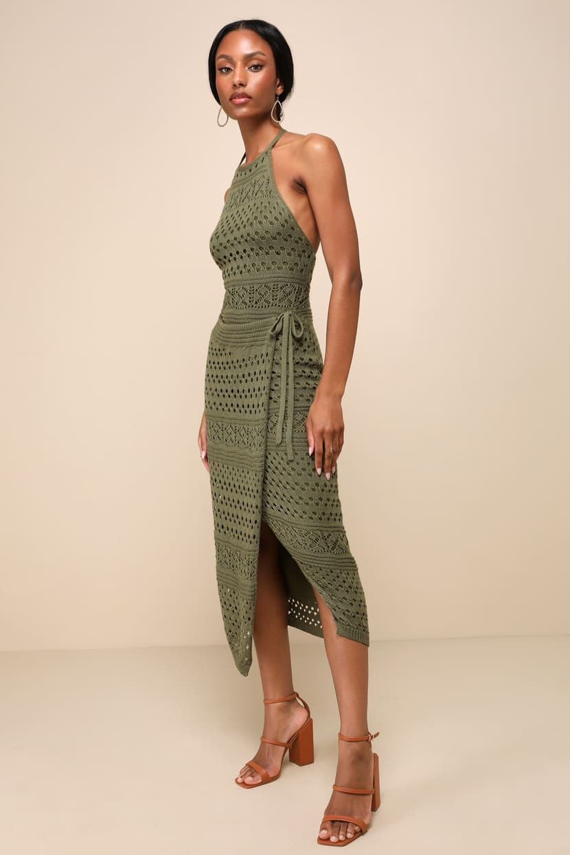 Blissful Strolls Olive Green Crochet Faux-Wrap Halter Midi Dress | Lulus