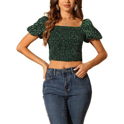 Allegra K Women's Puff Sleeve Floral Smocked Tops Crop Top Summer Casual Blouse Green Small | Target