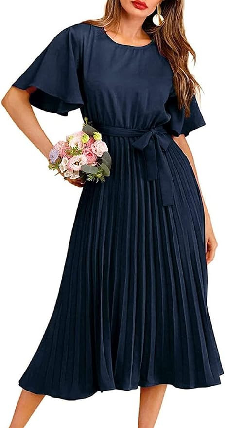 Milumia Women's Elegant Belted Pleated Flounce Sleeve Long Dress Navy Blue Small at Amazon Women... | Amazon (US)