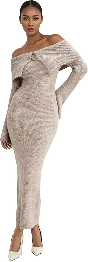Women's Long Sleeve Off Shoulder Ribbed Knit Maxi Dress Casual Slim Fit Bodycon Elegant Long Swea... | Amazon (US)