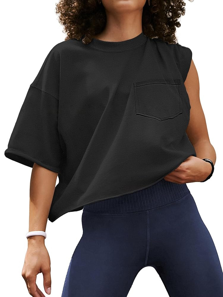 ATHMILE Womens Oversized T-Shirts Short Sleeve Workout Crop Tops Casual Drop Shoulder Boxy Roll H... | Amazon (US)