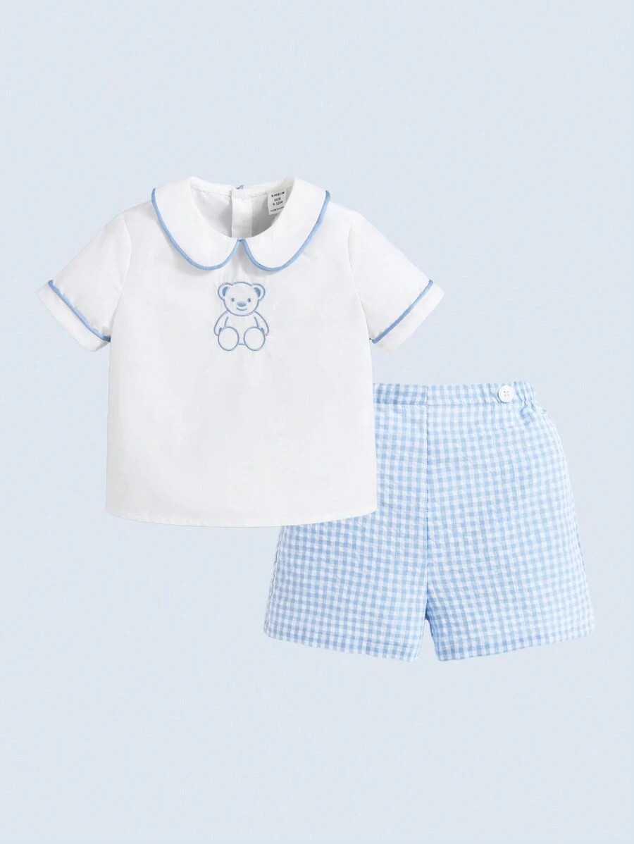 SHEIN Baby Boy Embroidery Bear Pattern Doll Collar Short Sleeve Top And Gingham Shorts Casual 2pc... | SHEIN