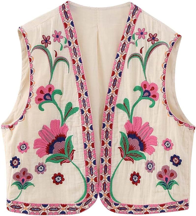 Yimoon Women's Vintage Floral Embroidered Vest Boho Casual Open Front Sleeveless Cardigan Waistco... | Amazon (US)
