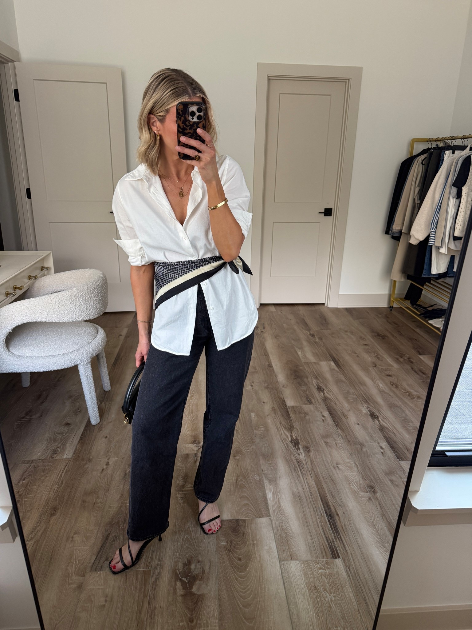 Wearing XS button-up (linking similar), 26 jeans, heels tts 

#LTKgrwm #LTKOver40 #LTKootd