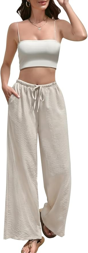 Wide Leg Pants for Women Flowy Palazzo Pants Drawstring Elastic Beach Trousers with Pockets Summe... | Amazon (US)