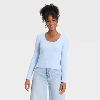 Women's Slim Fit Long Sleeve Scoop Neck Ribbed T-Shirt - Universal Thread™ Light Blue XL | Target