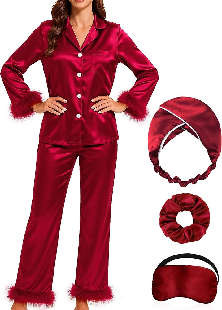 Silk Pajamas for Women with Feather Trim Long Sleeve Satin Pajama Set 2 Piece Button Down Pjs Pri... | Amazon (US)