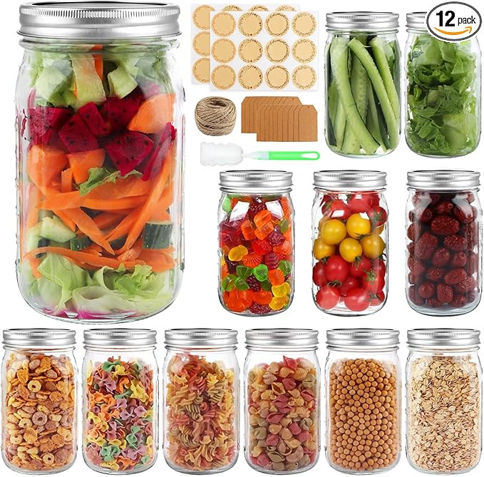 Wide Mouth Mason Jars 32 oz with Airtight Lids and Bands, 12 Pack Quart Canning Jars, Clear Glass... | Amazon (US)