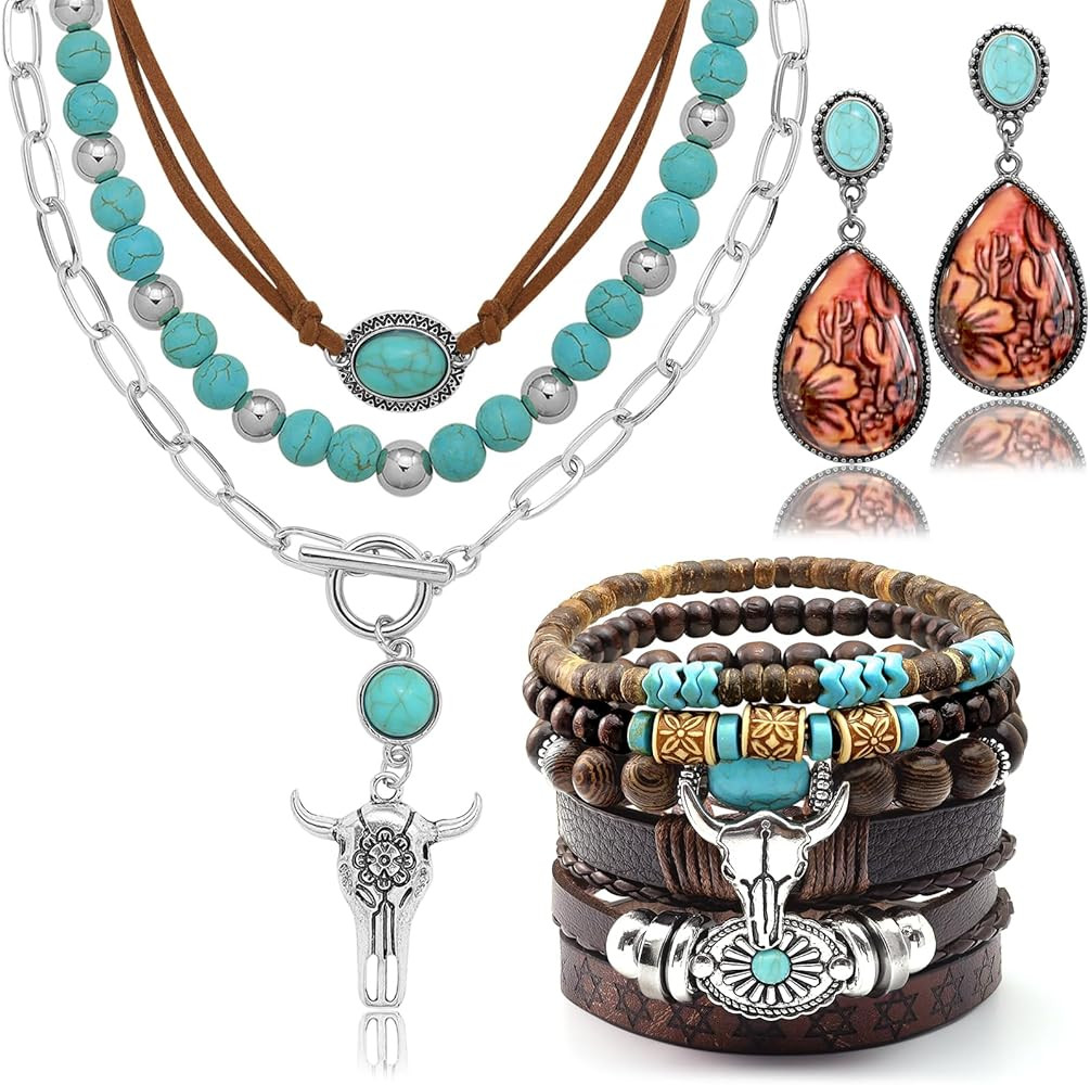 RechicGu Western Jewelry For Women Bohemian Turquoise Dangle Earrings Necklace Bracelet Set, Bull... | Amazon (US)