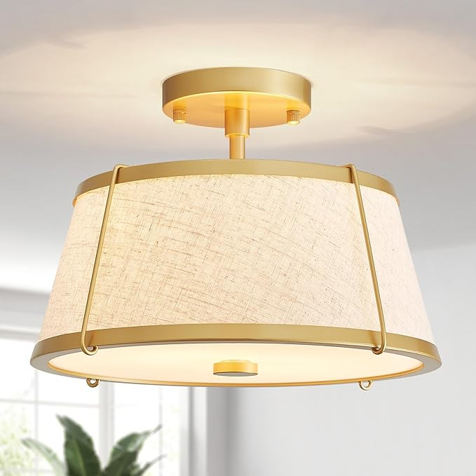 Mid-Century Conical Fabric Linen Close to Ceiling Light, Semi-Flush Mount Light Fixtures, 2-Light... | Amazon (US)