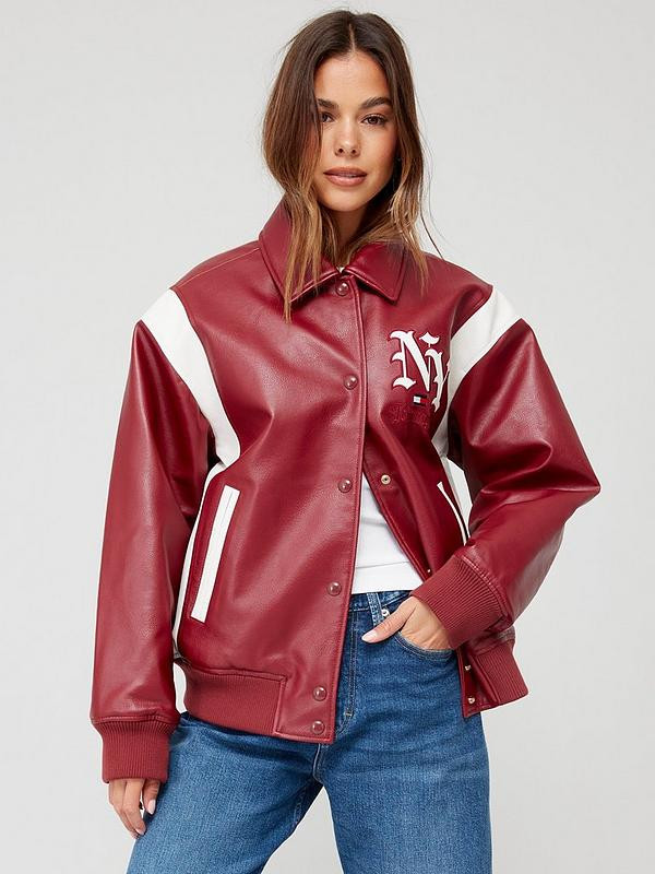 Tommy Jeans Faux Leather Grunge Logo Bomber Jacket - Red | Very (UK)