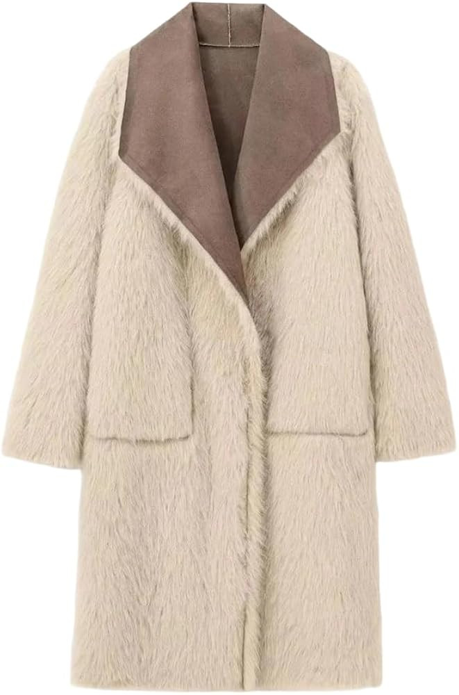 Women's Winter Woolen Long Coat Furry Warm Thicken Lapel Wear On Both Outerwear Top​ | Amazon (US)