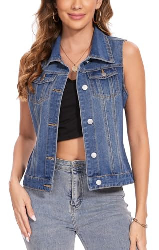 MISS MOLY Women's Denim Vest Cropped Classic Sleeveless Jean Vest Jackets With Flap Pockets Dark Blue M | Amazon (US)