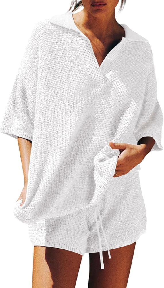 Tankaneo Womens Sweater Set 2 Piece Outfits Oversized 3/4 Sleeve V Neck Knit Tops High Waisted Sh... | Amazon (US)