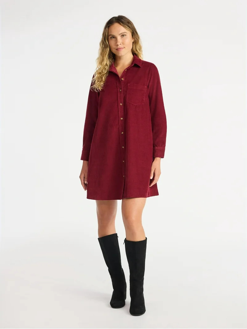 Time and Tru Women's Corduroy Shirtdress with Long Sleeves, Sizes XS – XXXL | Walmart (US)