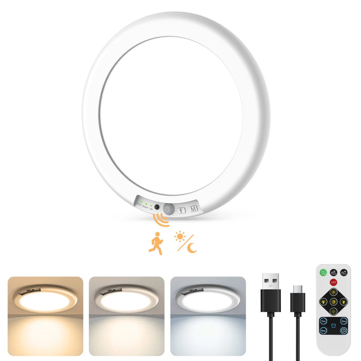 Rechargeable Motion Sensor LED Ceiling Light with Remote, 4000mAh Battery, 3 Colors, Dimmable, US... | Wayfair North America