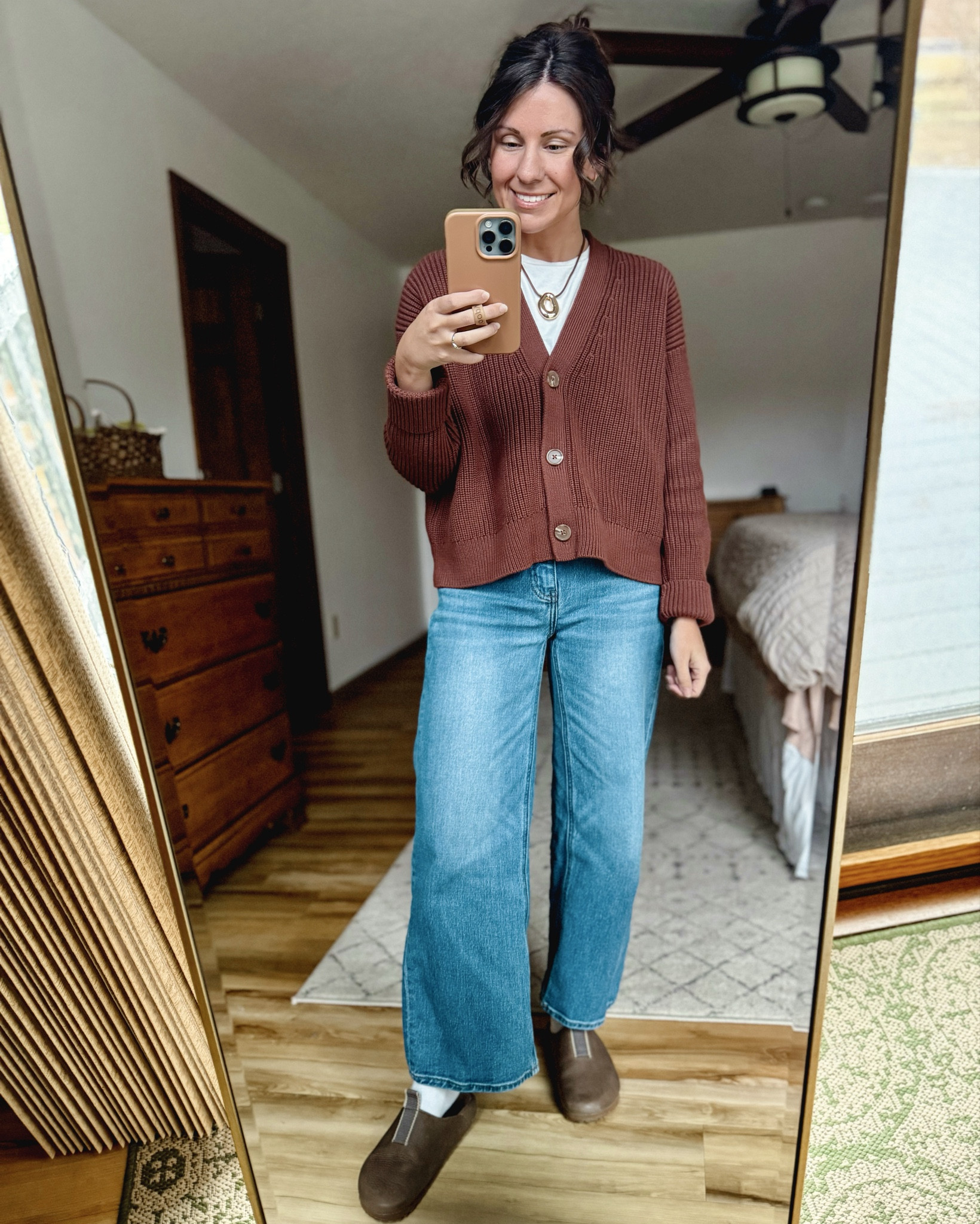 Wearing medium in my tee (cropped fit so I sized up), xs in my cardigan (restocked!) and 24 in the 26” inseam in my jeans. My clogs fit true to size at size 6. 

#LTKootd #LTKPetite #LTKgrwm