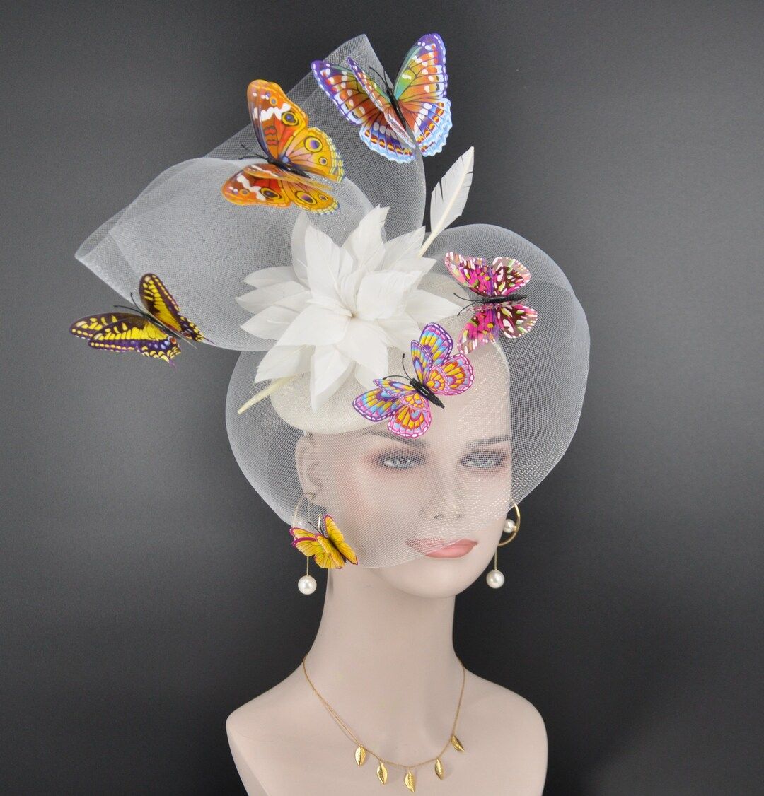 Kentucky Derby Wedding Feather w Butterflies  Floral Organza w Sinamay Headband Fascinator Hat Co... | Etsy (US)