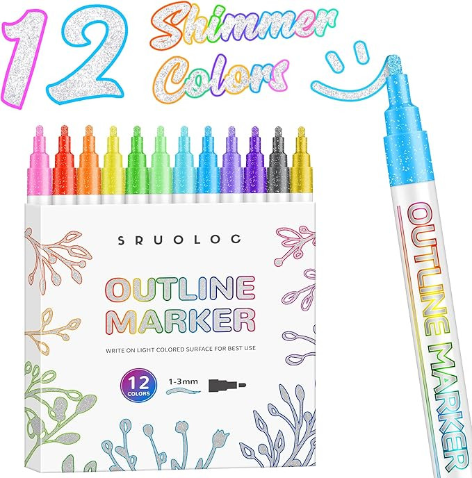 Shimmer Markers Outline Pens，12 Colors Metallic Glitter Pens Set Glitter Markers Pens Set for S... | Amazon (US)