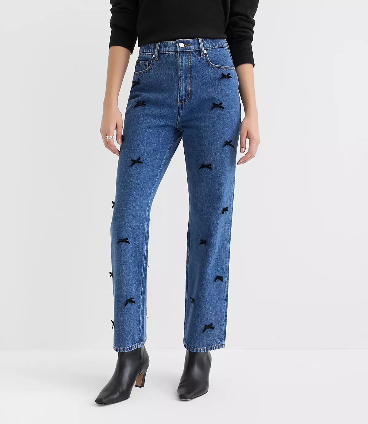 Petite Velvet Bow High Rise Straight Jeans in Bright Mid Indigo Wash | LOFT