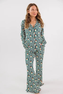 Green Santa Claus Lane Women's Long Sleeve Ruffle Set | In My Jammers