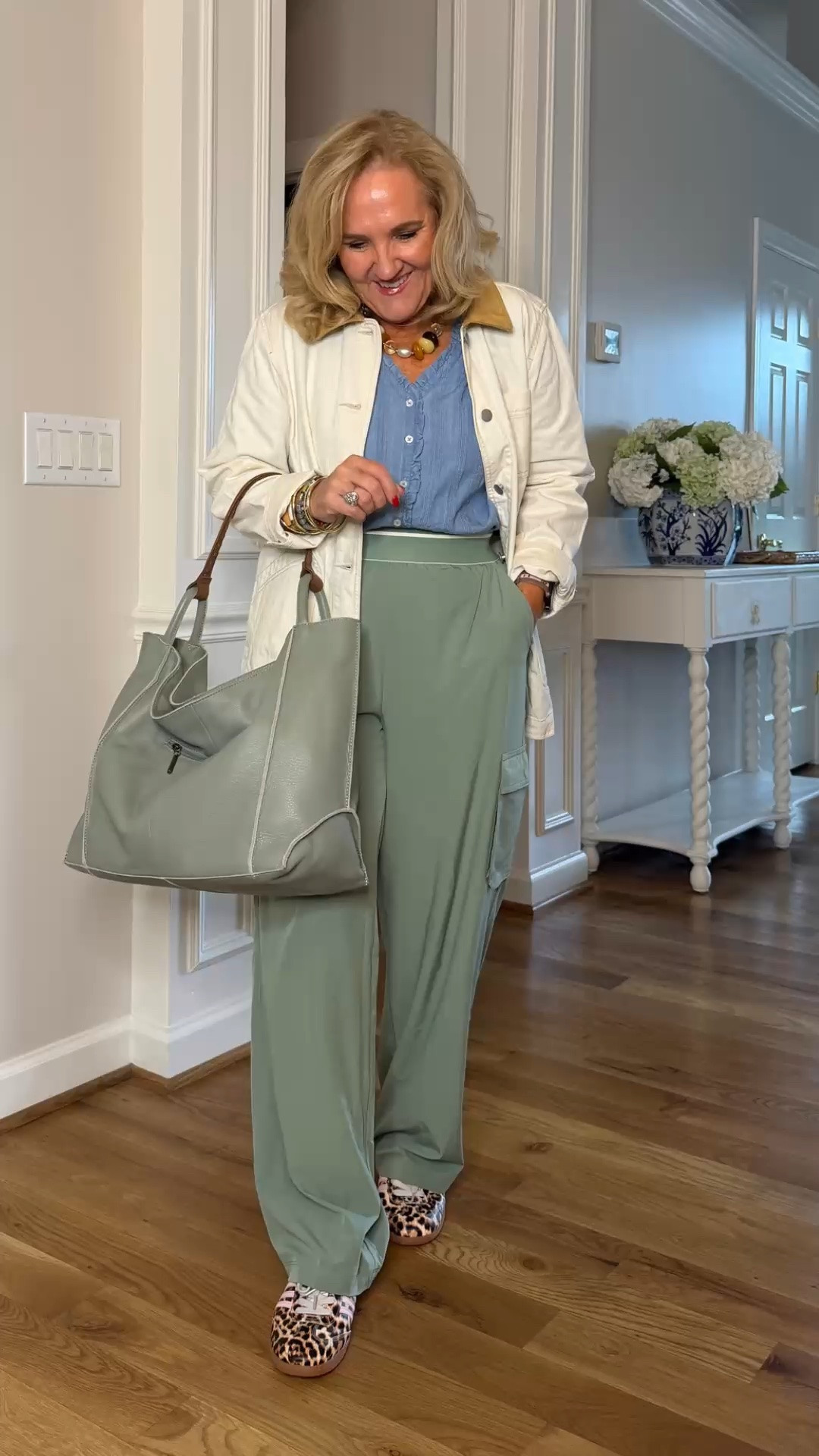 This chambray top and sage wide-leg pants make such an easy, polished combination. The cream jacket and leopard flats add just the right mix of classic and playful.

💡 LTK MADE EASY
❤️ Heart = Support my posts!
🔖 Save = Get sale & restock alerts
📋 Lists = Keep favorites organized
📲 Share = Send lists and products to a friend. Hello, Christmas List!
💬 Comment = Ask me anything about what I'm wearing.:-)

#LTKootd #LTKTravel #LTKOver40