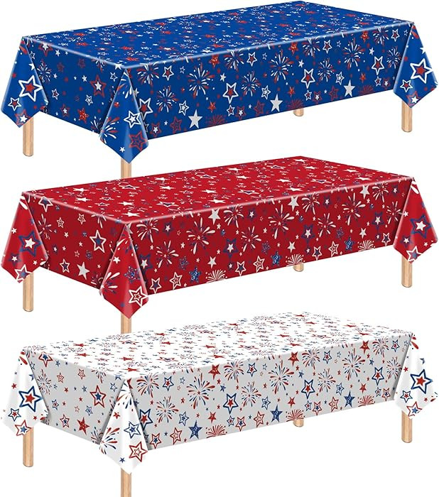 3-Piece 54 x 108 Inch Patriotic Plastic Tablecloth \u2013 Red White and Blue Fireworks Star Dispo... | Amazon (US)