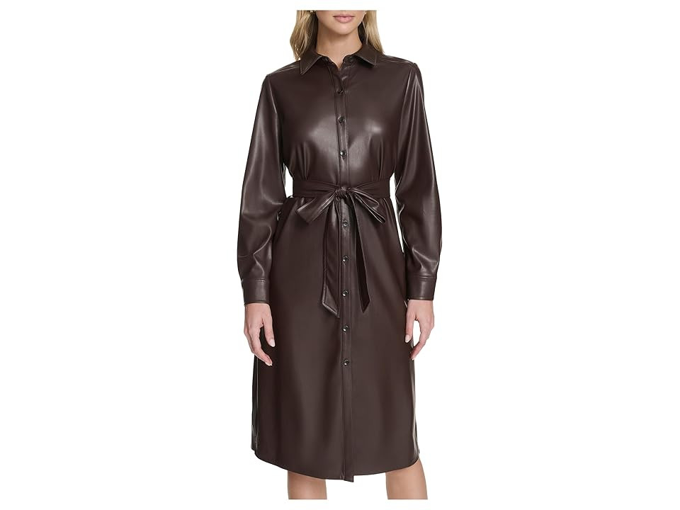 Calvin Klein PU Leather Shirtdress Women's Dress Coffee Bean : 14, Polyester | Zappos