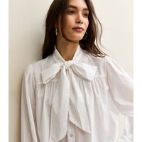 Women's White Poplin Cotton Pussybow Neck Long Sleeve Blouse New Look | New Look (UK)