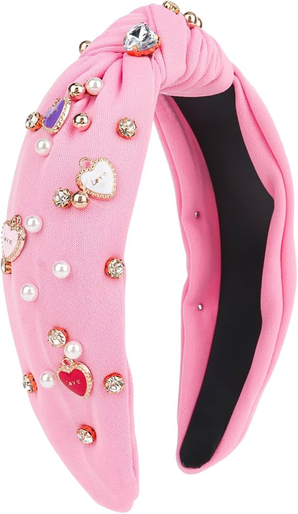 CURASA Valentine's Day Headband for Women Girls Love Heart Pink Knotted Headband Pearl Crystal Rh... | Amazon (US)