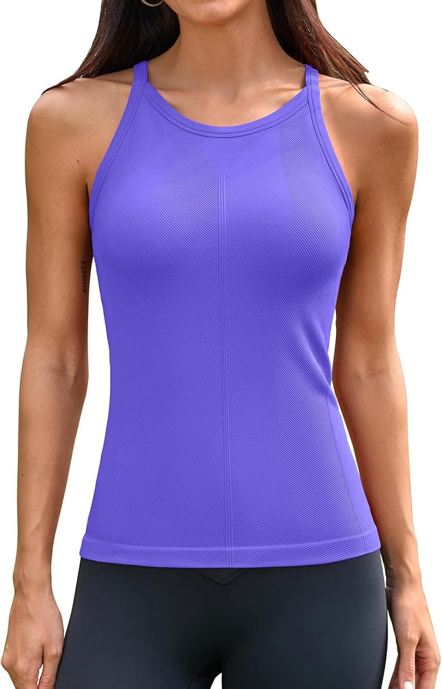 ATTRACO Women Built in Bra Workout Tank Tops Ribbed Spaghetti Strap Camisole Top Athletic Running... | Amazon (US)