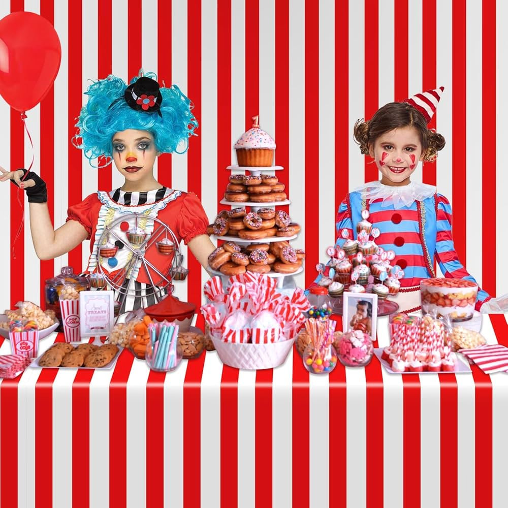 Carnival Tablecloth Roll 100 Ft Red and White Striped Tablecloth Red Plastic Table Cover Carnival... | Amazon (US)
