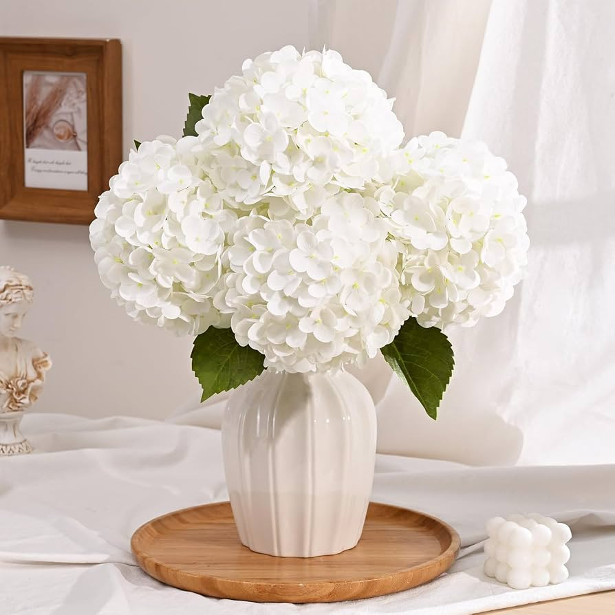 4 Pcs White Hydrangea Artificial Flowers, Latex Real Touch Hydrangea Flowers, 19.6'' Full Faux Hy... | Amazon (US)