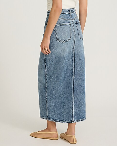 High Waisted Medium Wash Front Slit Maxi Denim Skirt | Express