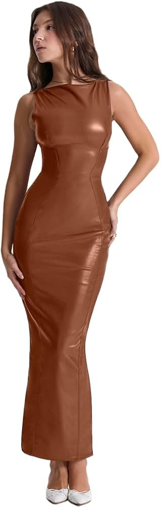XLLAIS Women's Faux PU Leather Bodycon Maxi Dress Sexy Boatneck Tank Long Dresses | Amazon (US)