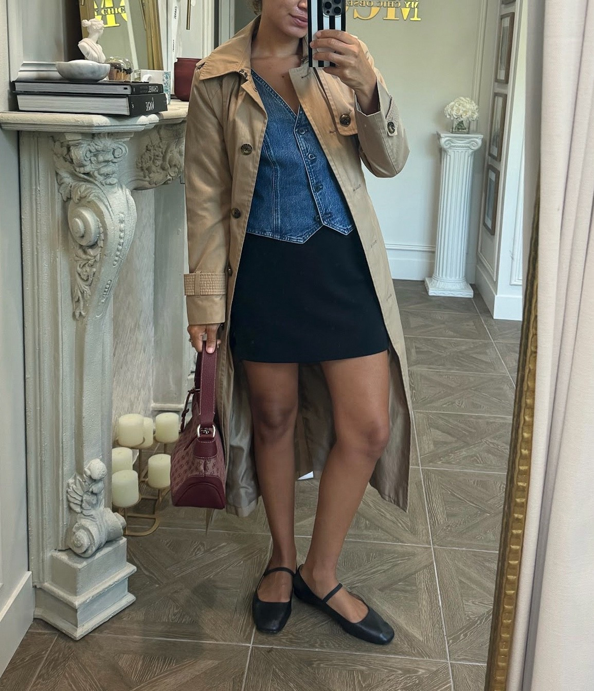 denim vest, mini skirt, Mary Jane flats, trench coat 

#LTKootd