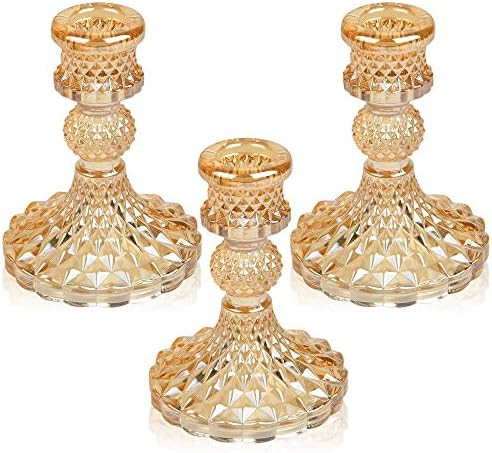 Glass Candle Holder, Akamino Gold Taper Candlestick Holders Set of 3 Fits 1 inch Thick Candle - D... | Amazon (US)
