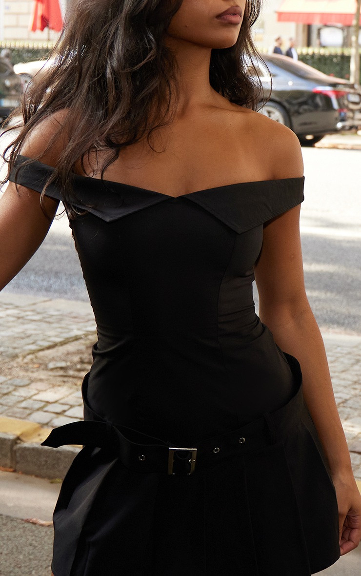 Black Bardot Belted Pleated Shift Dress | PrettyLittleThing US